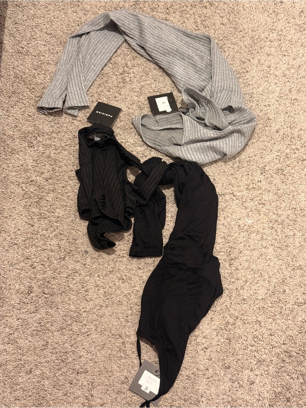 3 BUNDLE Ribbed Grey Scarf & Black Ribbed Top Duo
